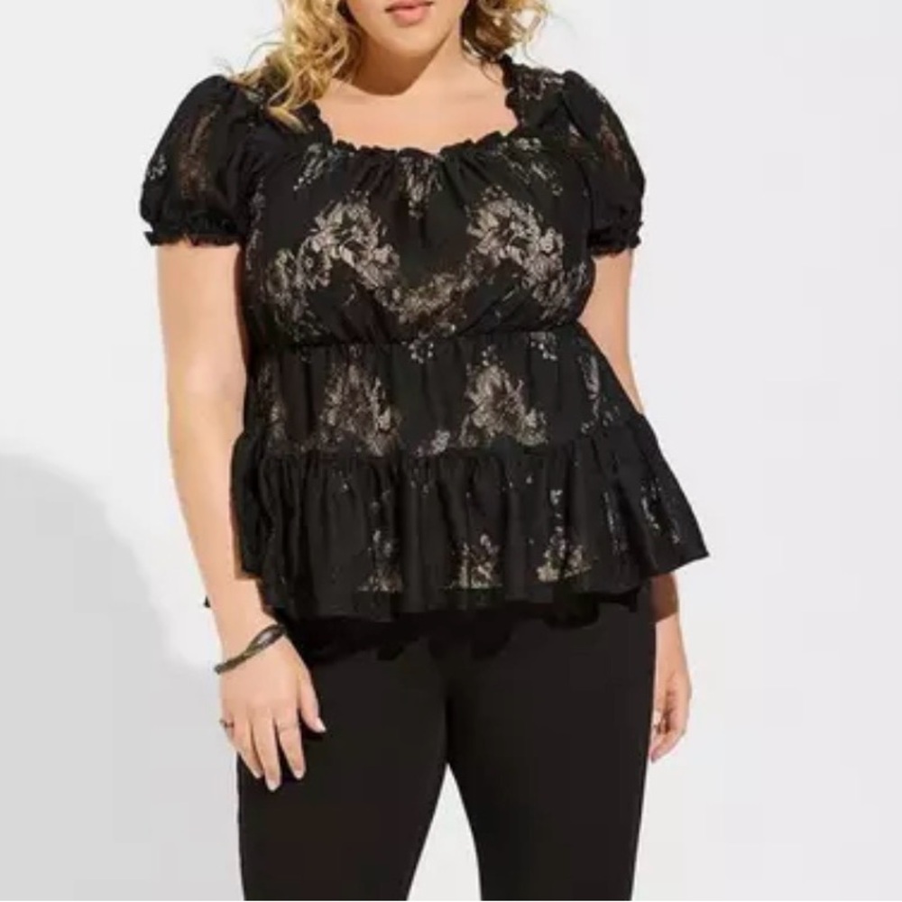 Torrid Top Babydoll Lace Tiered Ruffle Puffed Short Sleeve Boho Black Nude Tan